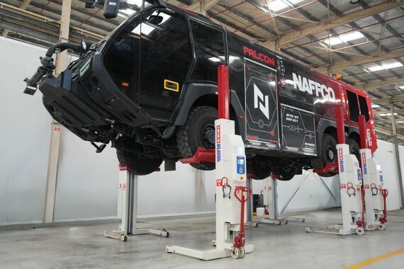 An Aircraft Rescue and Firefighting (ARFF) of 39 ton lifted with Stertil-Koni ST 1085 mobile column vehicle lifts at NAFFCO An Aircraft Rescue and Firefighting (ARFF) of 39 ton lifted with Stertil-Koni ST 1085 mobile column vehicle lifts at NAFFCO